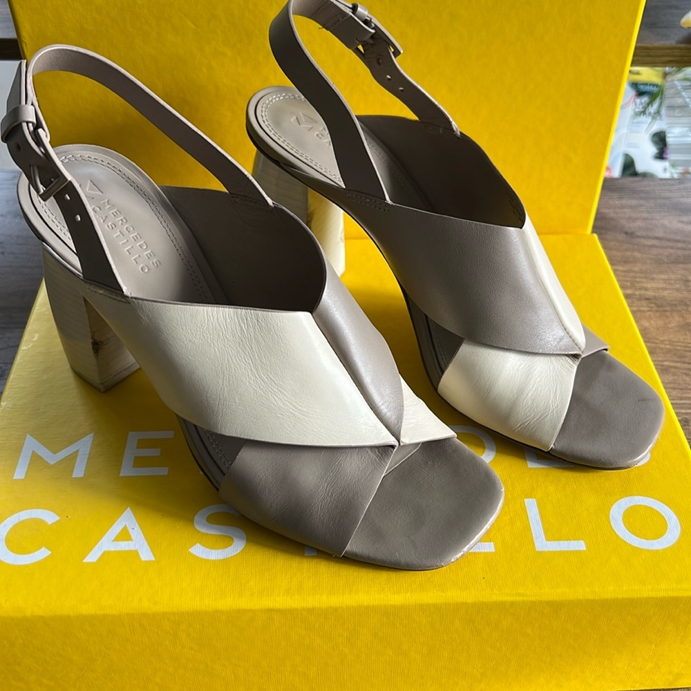 Mercedes Castillo healed dress sandals in sandstone/ivory smooth calf size 8